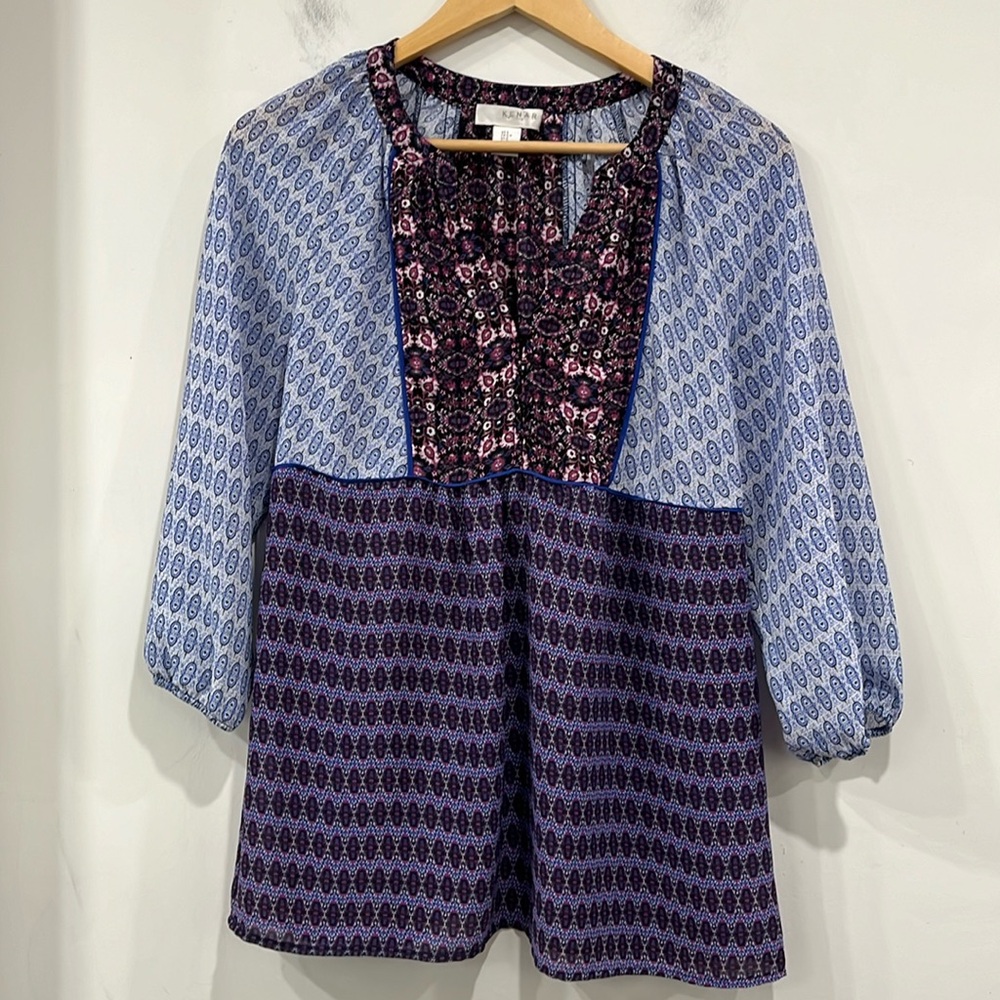 Kenar Boho Bohemian Long Sleeve Top Blouse size S Blue Purple Lila
